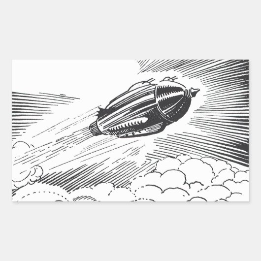 ヴィンテージ サイエンスフィクション 宇宙船 ロケット 雲の中 長方形シール (正面)