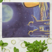 ヴィンテージ サイエンス フィクション エイリアン オン ブルー プラネット ムーン キッチンタオル (折り畳み)