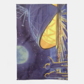 ヴィンテージ サイエンス フィクション エイリアン オン ブルー プラネット ムーン キッチンタオル (縦)