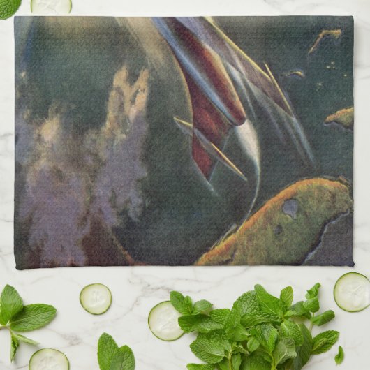 ヴィンテージ サイエンス フィクション スペースシップ 航空機 地球 キッチンタオル (折り畳み)