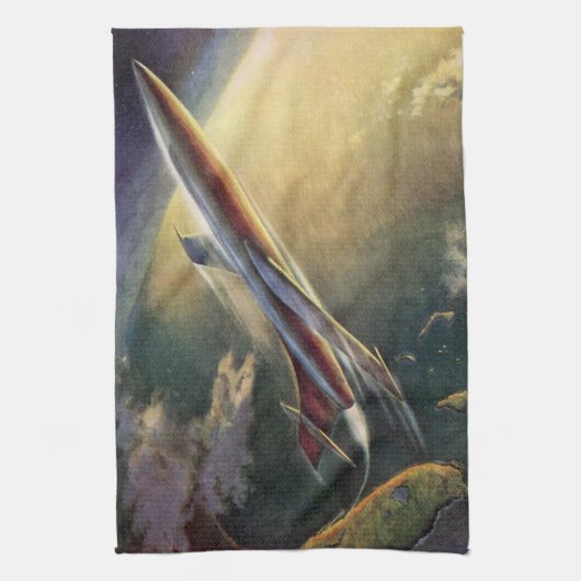 ヴィンテージ サイエンス フィクション スペースシップ 航空機 地球 キッチンタオル (縦)