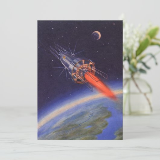 ヴィンテージ サイエンス フィクション ロケットが地球の上を宇宙で (スタンド正面)