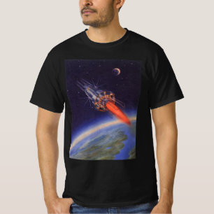 ヴィンテージ サイエンス フィクション ロケットが地球上空の宇宙を飛ぶ Tシャツ