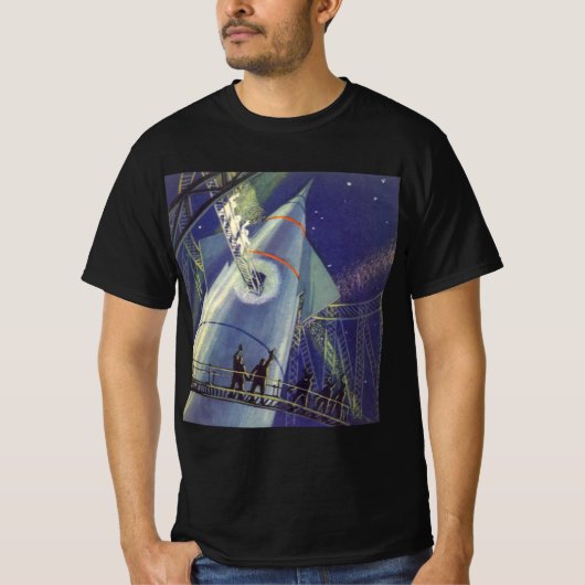 ヴィンテージ サイエンス フィクション ロケット船の宇宙飛行士 Tシャツ (正面)