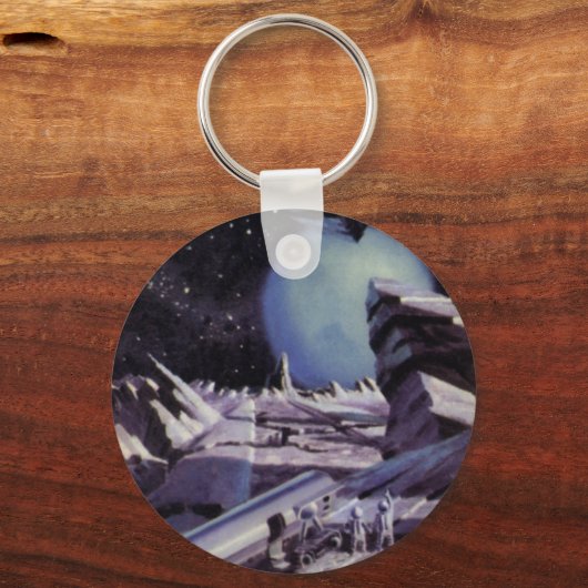 ヴィンテージ サイエンス フィクション、宇宙での月面にエイリアン、 キーホルダー (正面)