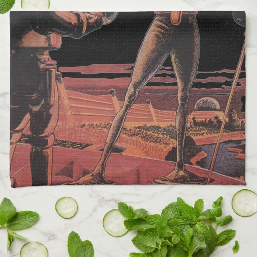 ヴィンテージ サイエンス フィクション 宇宙飛行士がエイリアンと握手 キッチンタオル (折り畳み)