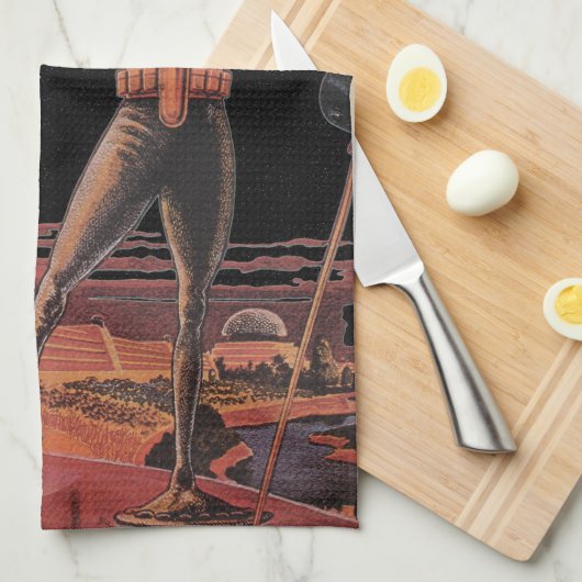 ヴィンテージ サイエンス フィクション 宇宙飛行士がエイリアンと握手 キッチンタオル (四つ折り)