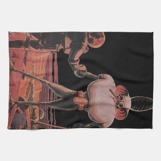 ヴィンテージ サイエンス フィクション 宇宙飛行士がエイリアンと握手 キッチンタオル (横)