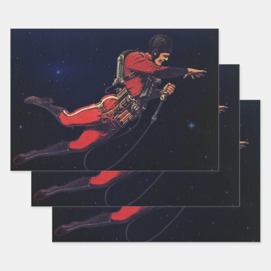 ヴィンテージ サイエンス フィクション 宇宙飛行士が宇宙空間で ラッピングペーパーシート (セット)
