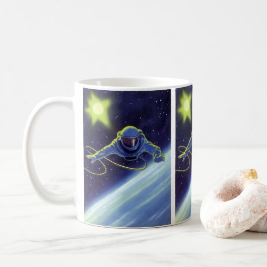 ヴィンテージ サイエンス フィクション 宇宙飛行士が宇宙遊泳中 コーヒーマグカップ (ドーナツ)