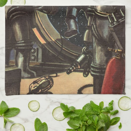 ヴィンテージ サイエンス フィクション 宇宙飛行士たちの宇宙遊泳 キッチンタオル (折り畳み)