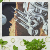 ヴィンテージ サイエンス フィクション、月面の宇宙ステーション キッチンタオル (折り畳み)