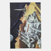 ヴィンテージ サイエンス フィクション、月面の宇宙ステーション キッチンタオル (縦)