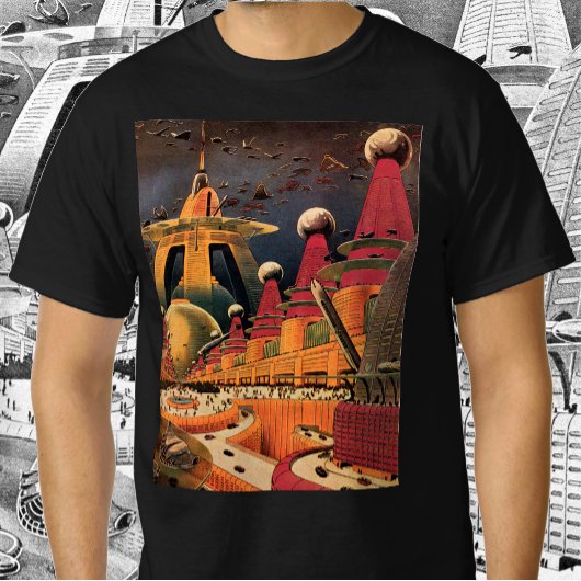 ヴィンテージ サイエンス フィクション 未来都市 空飛ぶクルマ Tシャツ