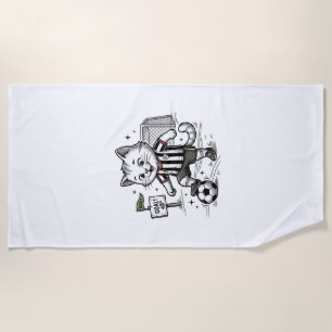 ヴィンテージ サッカー 猫 彫刻 Tシャツ デザイン 1 ビーチタオル