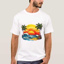 ヴィンテージ サマー サンセット ヤシの木 ビーチ ウェーブ レトロ Tシャツ