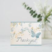 ヴィンテージ サンクス バタフライ ブルー ゴールド グレー フラワー ポストカード (スタンド正面)