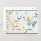 ヴィンテージ サンクス バタフライ ブルー ゴールド グレー フラワー ポストカード (正面/裏面)
