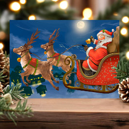 ヴィンテージ サンタのそり トナカイ クリスマスの葉書 シーズンポストカード