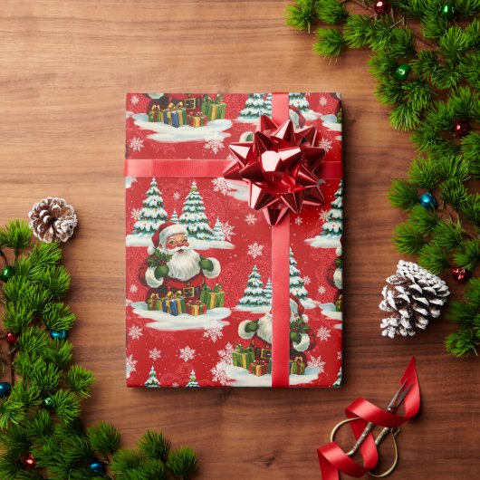 ヴィンテージ サンタの喜びいっぱいの袋 ラッピングペーパー (クリスマスギフト)