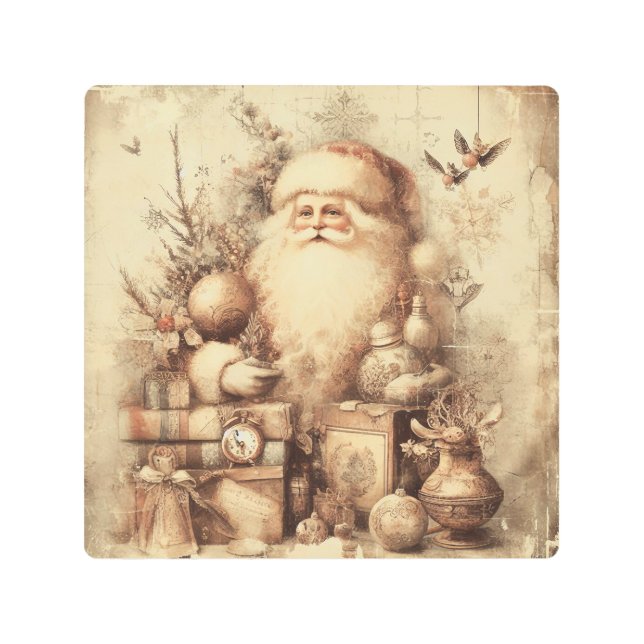ヴィンテージ・サンタアートワーク。セピア調髪美術 メタルプリント (正面)