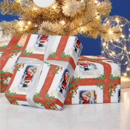 ヴィンテージ サンタクロースとポインセチアのクリスマス ラッピングペーパー