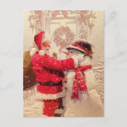 ヴィンテージ サンタクロースと雪だるまのクリスマス ポストカード (正面)