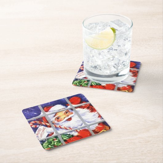 ヴィンテージ・サンタクロースの窓際クリスマス スクエアペーパーコースター (インサイチュ)