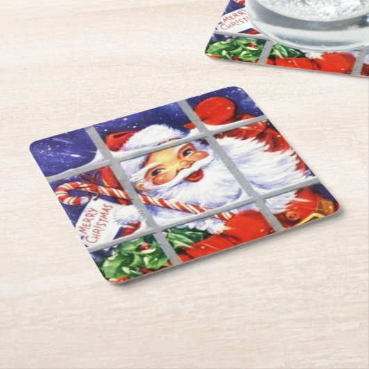 ヴィンテージ・サンタクロースの窓際クリスマス スクエアペーパーコースター (アングル)