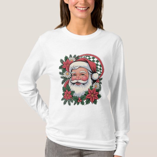 ヴィンテージ サンタクロース フラワー クリスマス ホリデー Tシャツ (正面)