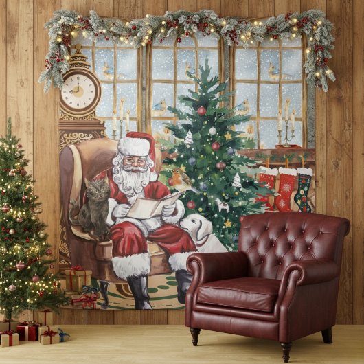 ヴィンテージ サンタ ほっこり クリスマス 動物 背景 タペストリー