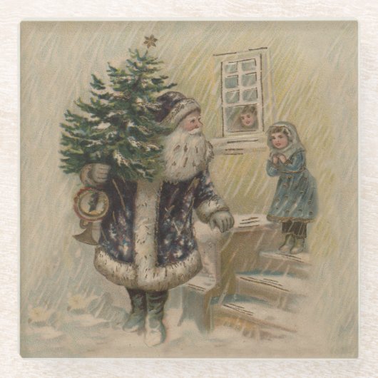 ヴィンテージ サンタ 雪 クリスマスツリー ガラスコースター (正面)
