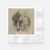 ヴィンテージ サンタ 雪 クリスマスツリー 縁ありカクテルナプキン (正面)