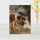 ヴィンテージ-サンベルナール峠犬に会っている子供 カード (黄色い花)