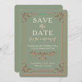 ヴィンテージ サージュグリーン 装飾的ボーダー 図書館 本 セーブザデート (正面/裏面)