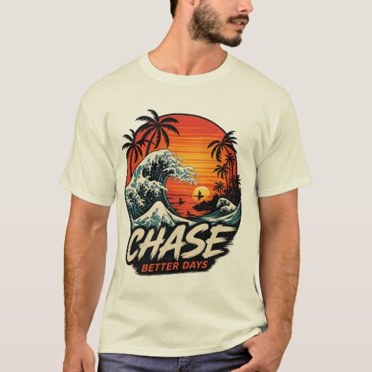 ヴィンテージ サーフ サンセット & 海の波 コースタル アート Tシャツ (正面)