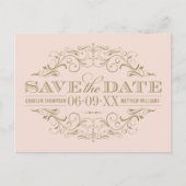 ヴィンテージ・サーモンピンク・ゴールドの透かし彫り Save the Date 案内ポストカード (正面)