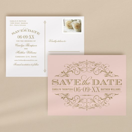 ヴィンテージ・サーモンピンク・ゴールドの透かし彫り Save the Date 案内ポストカード