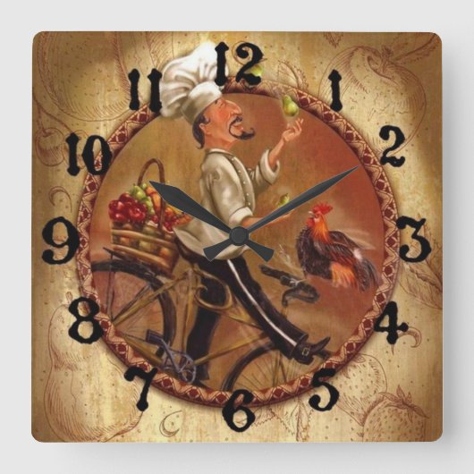 ヴィンテージ·シェフ(バスケット付き) スクエア壁時計 (正面)
