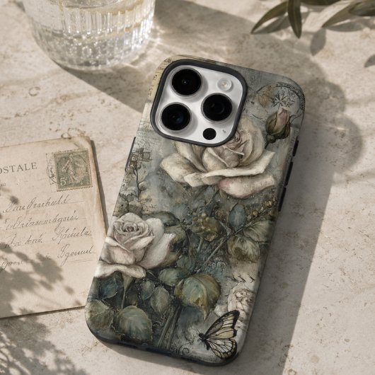 ヴィンテージ シャビーシック 白いバラと蝶々 Case-Mate iPhoneケース
