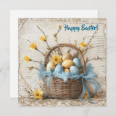 ヴィンテージ シャビー シックな青いイースターの卵のバスケット シーズンカード (正面/裏面)