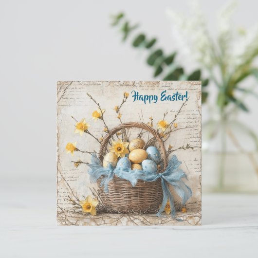 ヴィンテージ シャビー シックな青いイースターの卵のバスケット シーズンカード (スタンド正面)