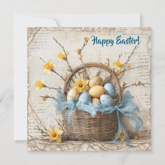 ヴィンテージ シャビー シックな青いイースターの卵のバスケット シーズンカード (正面)