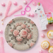 ヴィンテージ シャビー シック ピンク ローズ フラワーリング ペーパープレート (パーティー)