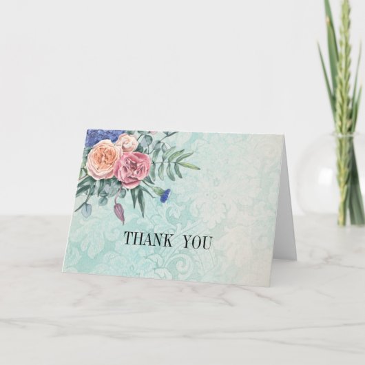 ヴィンテージ シャビー シック ローズ グリーン ダマスク ウェディング サンキューカード (正面)