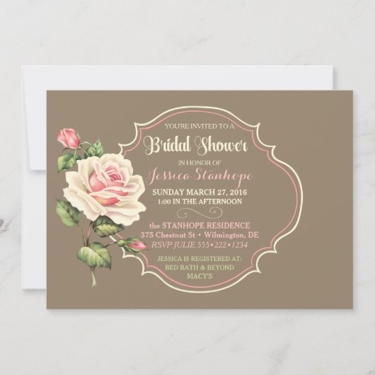 ヴィンテージ シャビー ローズ ブライダル シャワー ピンク クリーム 招待状 (正面)