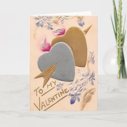 ヴィンテージ シルバー＆ゴールド ハート バレンタイン ポストカード (正面)