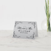 ヴィンテージ シルバー ブラック カリグラフィー モノグラム ウェディング サンキューカード (正面)