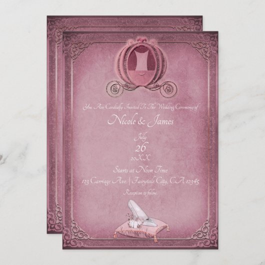 ヴィンテージ シンデレラ ラズベリー＆ローズゴールド ウェディング 招待状 (正面/裏面)