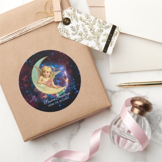 ヴィンテージ・スウィートエンジェル・オン・ザ・ムーンクリスマス ラウンドシール (ギフト)